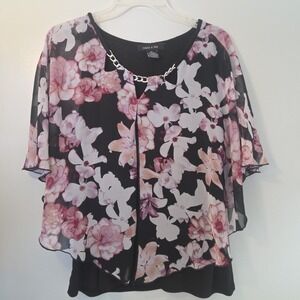 Adele & May Women's‎ Pink Black Floral Flutter Whimsy Fairy Dress Blouse Top XL